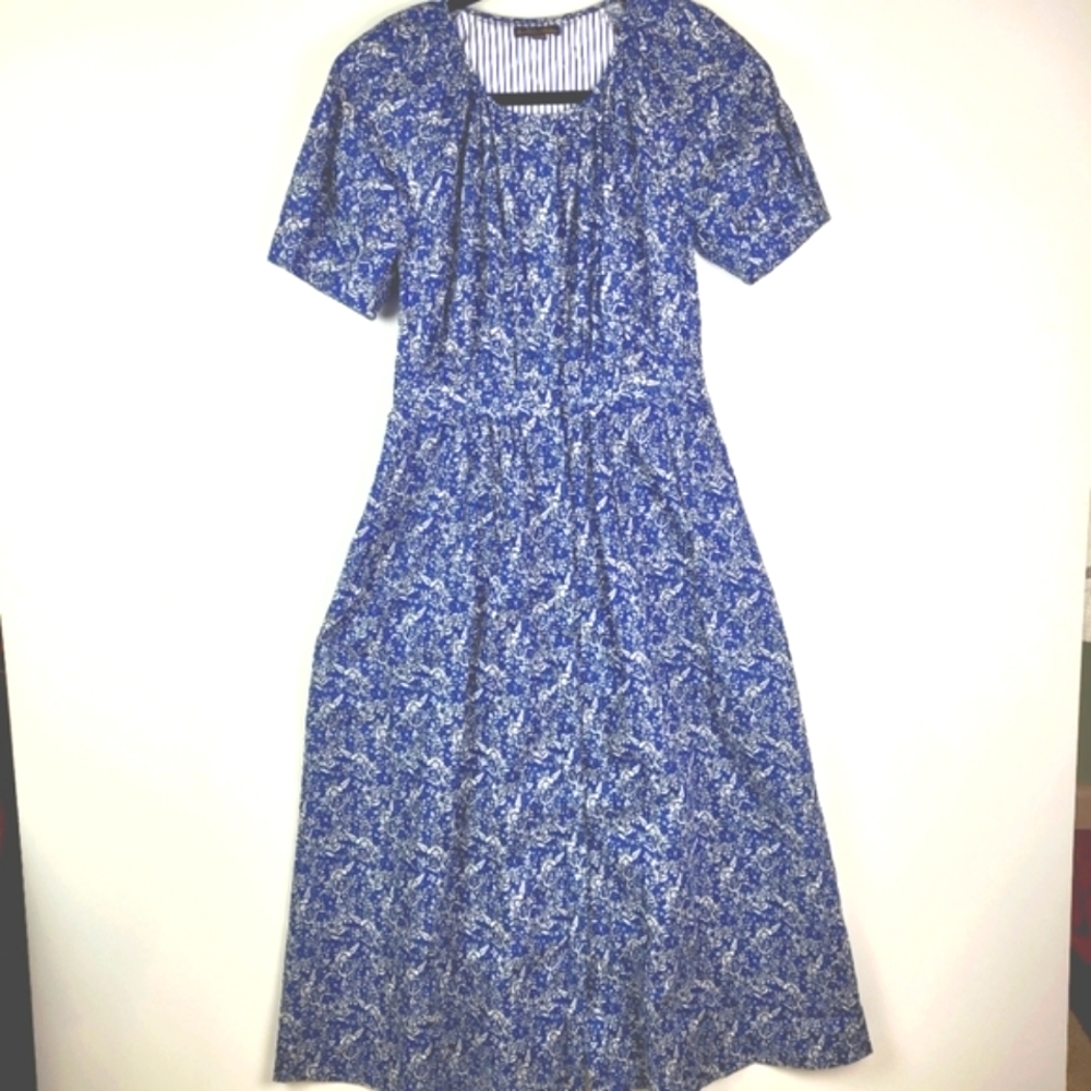 Brooks Brothers Dress Size 2 Floral Blue White Cottagecore Coquette Cotton Linen